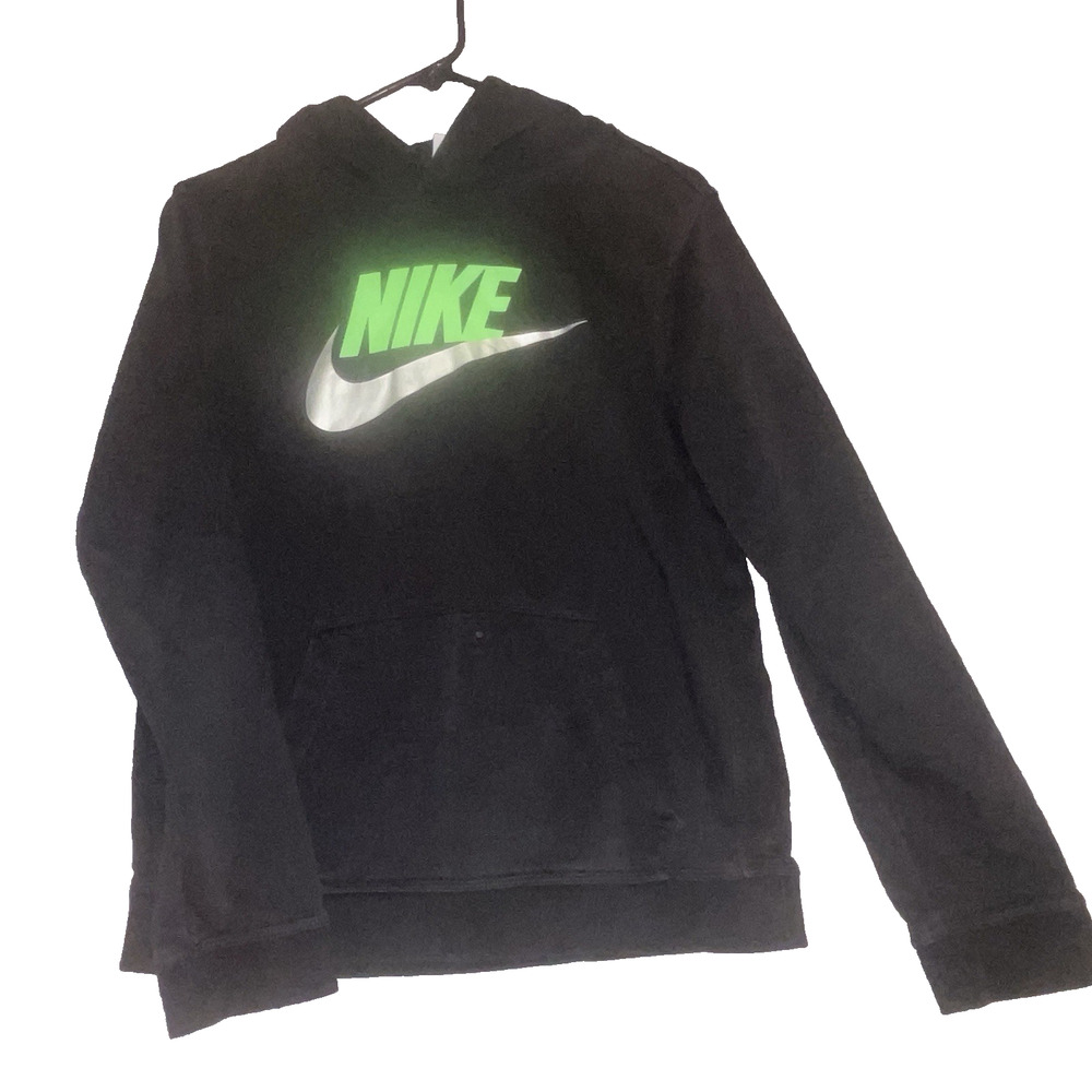 Nike Signature Logo Youth Black Sportswear Hoodie Silver/Green Logo Size XL